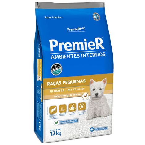 Ração Premier Ambientes Internos Para Cães Filhotes de Raças Pequenas Sabor Frango e Salmão 12 Kg