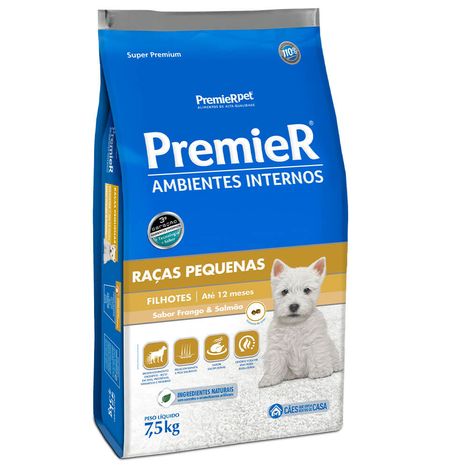 Ração Premier Ambientes Internos Para Cães Filhotes de Raças Pequenas Sabor Frango e Salmão 7,5 kg Ração Premier Ambientes Internos Para Cães Filhotes de Raças Pequenas Sabor Frango e Salmão 7,5 kg