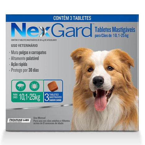 Antipulgas e Carrapatos NexGard para Cães de 10,1 kg a 25 kg com 3 Tabletes Antipulgas e Carrapatos NexGard para Cães de 10,1 kg a 25 kg com 3 Tabletes