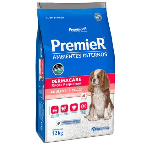 Ração Premier Ambientes Internos Dermacare Para Cães Adultos de Raças Pequenas Sabor Salmão 12 kg Ração Premier Ambientes Internos Dermacare Para Cães Adultos de Raças Pequenas Sabor Salmão 12 kg