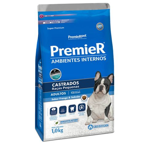 Ração Premier Ambientes Internos Para Cães Adultos de Raças Pequenas Castrados Sabor Frango e Salmão 1 Kg