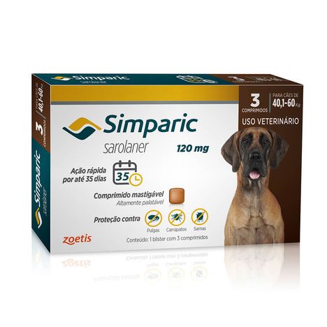 Antipulgas Simparic 120mg Cães 40 á 60 Kg com 3 Comprimidos Antipulgas Simparic 120mg Cães 40 á 60 Kg com 3 Comprimidos