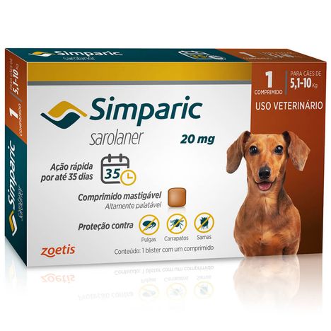 Antipulgas e Carrapatos Simparic 20 mg para Cães de 5,1 a 10 kg com 1 Comprimido Antipulgas e Carrapatos Simparic 20 mg para Cães de 5,1 a 10 kg com 1 Comprimido