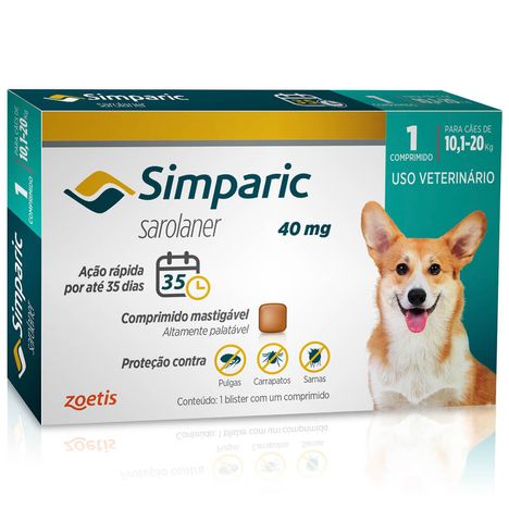 Antipulgas Simparic 40mg Cães 10 á 20 Kg com 1 Comprimido Antipulgas Simparic 40mg Cães 10 á 20 Kg com 1 Comprimido