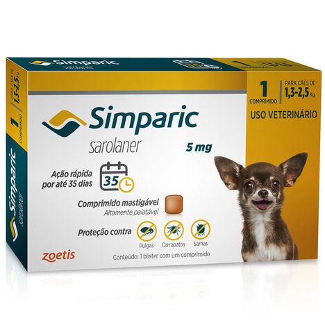 Antipulgas Simparic 5mg Cães 1,3 á 2,5 Kg com 1 Comprimido Antipulgas Simparic 5mg Cães 1,3 á 2,5 Kg com 1 Comprimido