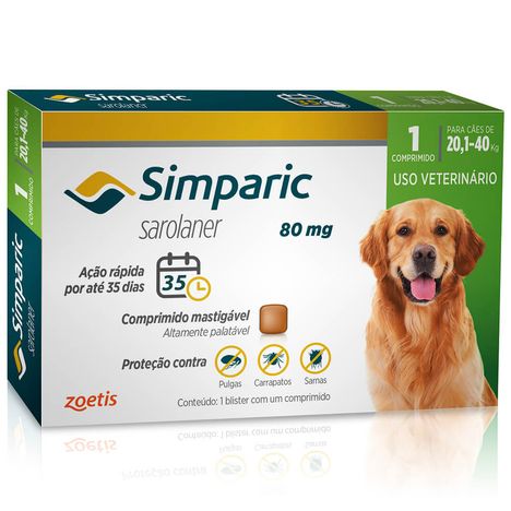 Antipulgas Simparic 80mg Cães 20,1 á 40 Kg com 1 Comprimido Antipulgas Simparic 80mg Cães 20,1 á 40 Kg com 1 Comprimido