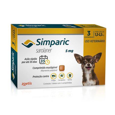 Antipulgas e Carrapatos Simparic 5 mg para Cães de 1,3 a 2,5 kg com 3 Comprimidos Antipulgas e Carrapatos Simparic 5 mg para Cães de 1,3 a 2,5 kg com 3 Comprimidos
