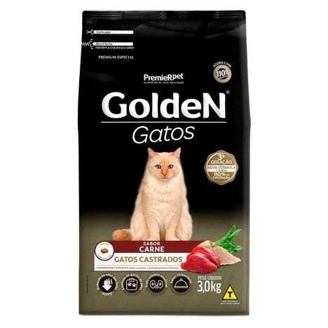 Ração Golden Gatos Castrados Adultos Sabor Carne 3 Kg