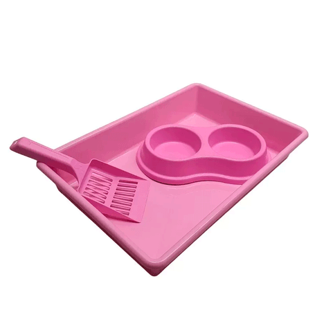 Kit para Gato com Bandeja, Dois Comedouros e Pá Higiênica - Rosa