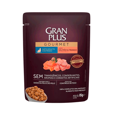 Ração Úmida GranPlus Gourmet Sachê para Gatos Castrados Sabor Salmão e Frango - 85g Ração Úmida GranPlus Gourmet Sachê para Gatos Castrados Sabor Salmão e Frango - 85g