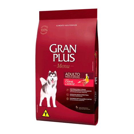 Ração GranPlus Menu Para Cães Adultos de Porte Médio e Grande Sabor Carne e Arroz 20kg