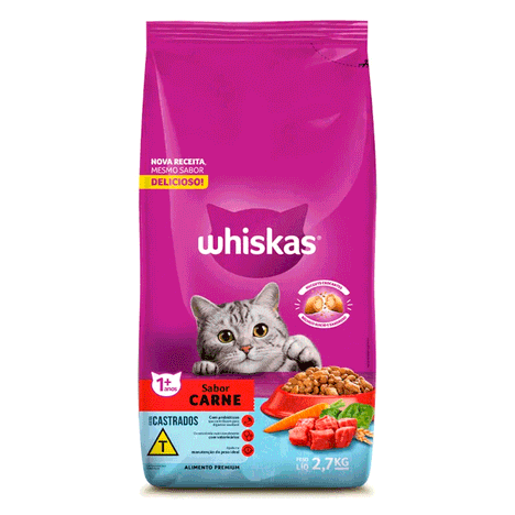 Ração Whiskas para Gatos Adultos Castrados Sabor Carne 2,7kg