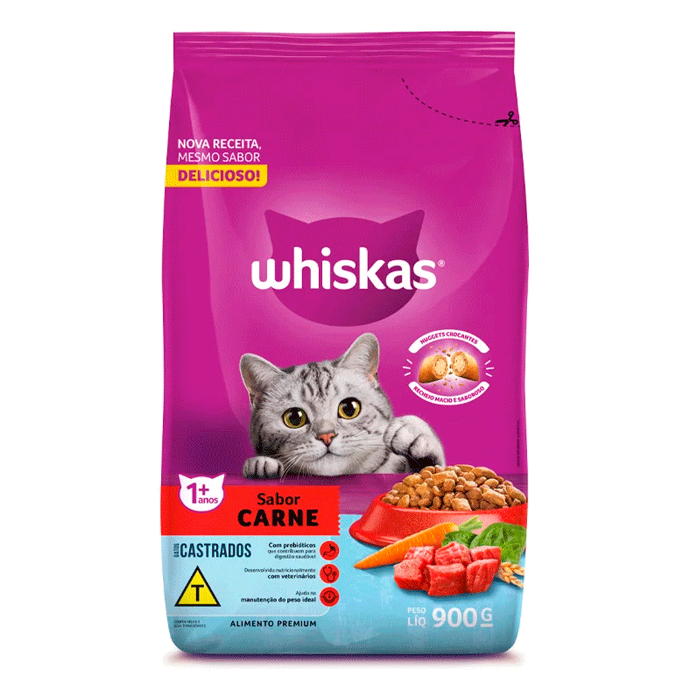 Ração Whiskas para Gatos Adultos Castrados Sabor Carne 900gr - petbox