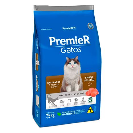 Ração Premier Gatos Ambientes Internos Adultos Castrados de até 7 Anos Sabor Salmão 7,5 kg Ração Premier Gatos Ambientes Internos Adultos Castrados de até 7 Anos Sabor Salmão 7,5 kg