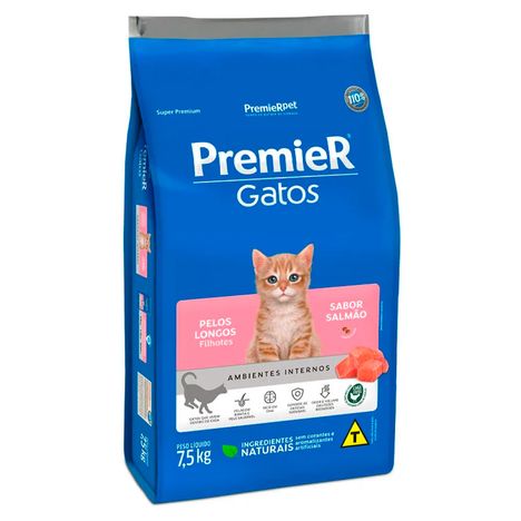 Ração Premier Ambientes Internos Pelos Longos Para Gatos Filhotes Sabor Salmão 7,5 kg Ração Premier Ambientes Internos Pelos Longos Para Gatos Filhotes Sabor Salmão 7,5 kg