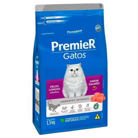 Ração Premier Gatos Ambientes Internos Adultos de Pelos Longos Sabor Salmão 1,5 kg Ração Premier Gatos Ambientes Internos Adultos de Pelos Longos Sabor Salmão 1,5 kg