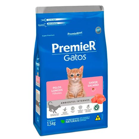 Ração Premier Gatos Ambientes Internos Filhotes de Pelos Longos Sabor Salmão 1,5 kg Ração Premier Gatos Ambientes Internos Filhotes de Pelos Longos Sabor Salmão 1,5 kg