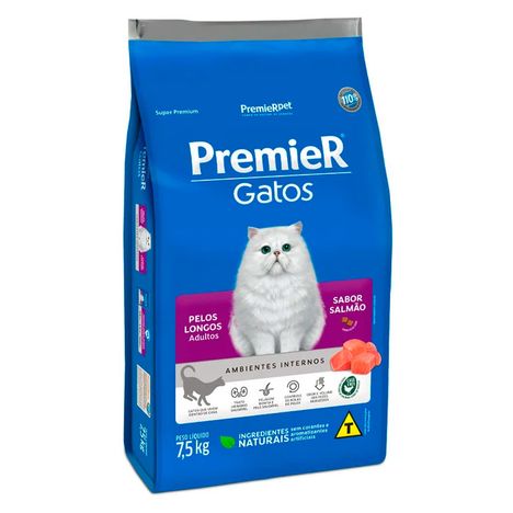 Ração Premier Gatos Ambientes Internos Adultos de Pelos Longos Sabor Salmão 7,5 kg Ração Premier Gatos Ambientes Internos Adultos de Pelos Longos Sabor Salmão 7,5 kg