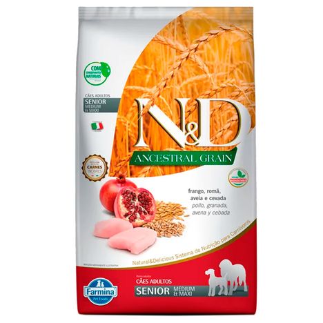 Ração Farmina N&D Ancestral Grain para Cães Sênior de porte Médio sabor Frango e Romã 10,1kg