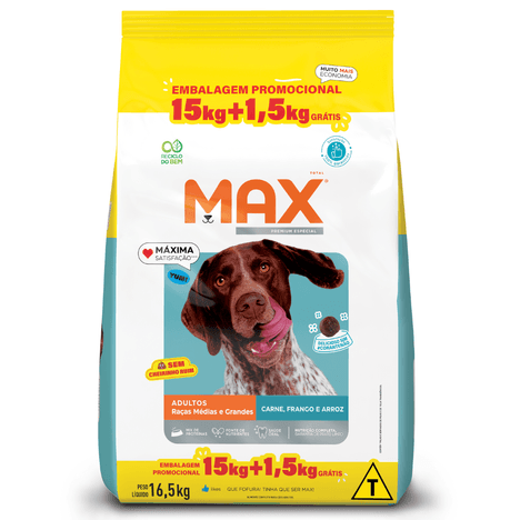 Ração Max Premium Especial Cães Adultos Raças Médias á Grandes - Carne, Frango e Arroz 16,5Kg