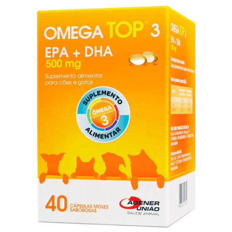 Suplemento OmegaTop 3 para Cães e Gatos com 40 Cápsulas de 500 mg Suplemento OmegaTop 3 para Cães e Gatos com 40 Cápsulas de 500 mg