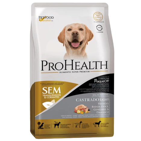 Ração ProHealth Castrado Light para Cães Adultos de Porte Médio Sabor Frango, Bata Doce, Gengibre e Damasco 2,5kg