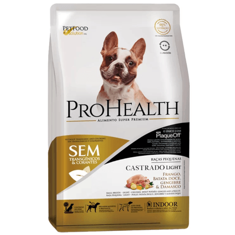 Ração ProHealth Castrado Light para Cães Adultos de Porte Pequeno Sabor Frango, Bata Doce, Gengibre e Damasco 2,5 kg Ração ProHealth Castrado Light para Cães Adultos de Porte Pequeno Sabor Frango, Bata Doce, Gengibre e Damasco 2,5 kg