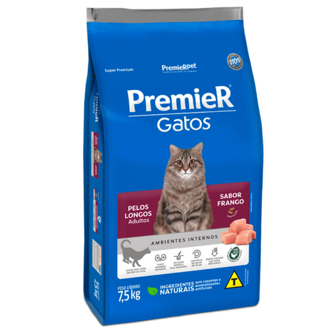 Ração Premier Gatos Ambientes Internos Adultos de Pelos Longos Sabor Frango 7,5 kg Ração Premier Gatos Ambientes Internos Adultos de Pelos Longos Sabor Frango 7,5 kg