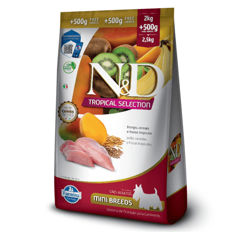 Ração Farmina N&D Tropical Selection Sabor Frango, Cereais e Frutas Tropicais para Cães Adultos de Porte Mini e Pequeno 2kg + 500g Grátis