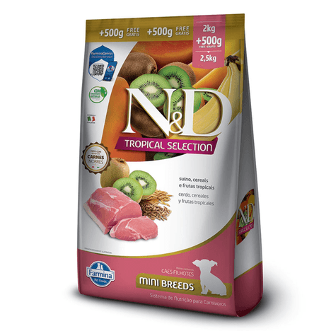 Ração Farmina N&D Tropical Selection Sabor Suíno, Cereais e Frutas Tropicais para Cães Filhotes de Porte Mini e Pequeno 2kg + 500g Grátis