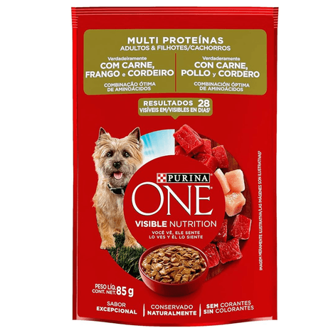Sachê Nestlé Purina One para Cães Adultos e Filhotes sabor Carne, Frango e Cordeiro 85g