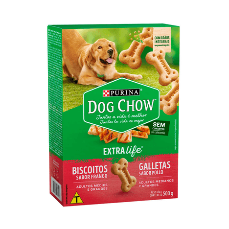 Biscoito Dog Chow Extra Life para Cães Adultos de Raças Médias e Grandes Sabor Frango 500gr