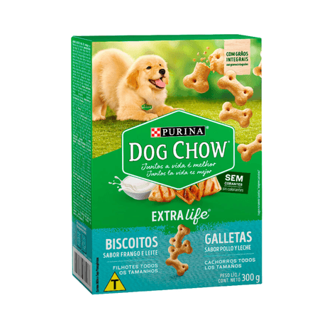 Biscoito Dog Chow Extra Life para Cães Adultos Fihlotes Sabor Frango e Leite 300gr