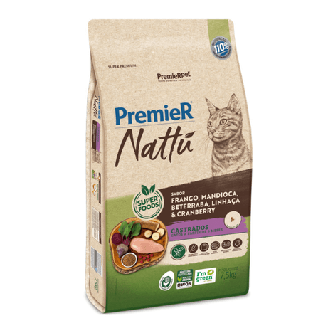 Ração Premier Nattu para Gatos Adultos Castrados Sabor Mandioca 7,5kg