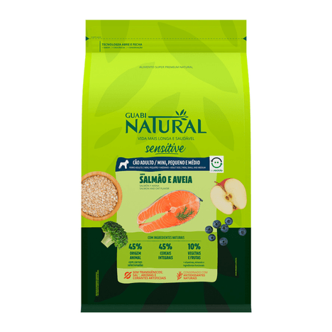 Ração Guabi Natural Sensível para Cães Adultos de Porte Mini, Pequeno e Médio Sabor Salmão e Aveia 10,1 kg Ração Guabi Natural Sensível para Cães Adultos de Porte Mini, Pequeno e Médio Sabor Salmão e Aveia 10,1 kg