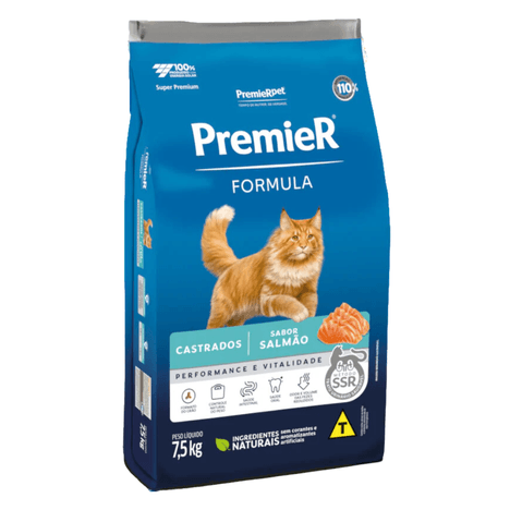 Ração Premier Fórmula Gato Adulto Castrado Sabor Salmão 7,5kg