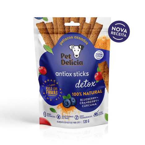 Petisco Natural Sticks Pet Delícia Antiox Detox Sabor Blueberry, Cranberry e Cúrcuma para Cães 120gr