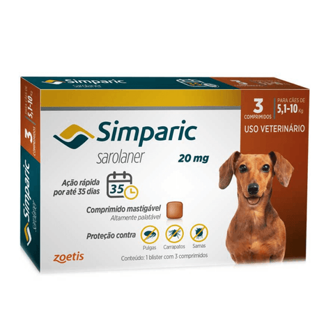 Antipulgas Simparic 20mg Cães 5 á 10 Kg com 3 Comprimidos Antipulgas Simparic 20mg Cães 5 á 10 Kg com 3 Comprimidos