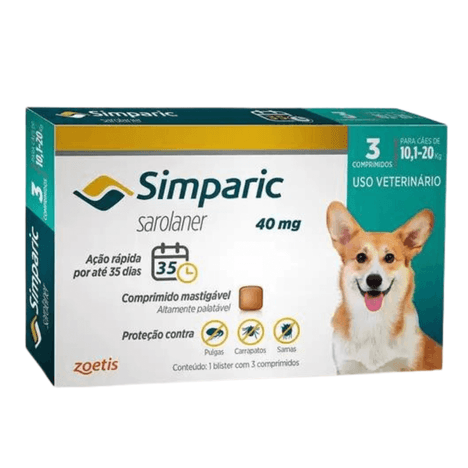 Antipulgas e Carrapatos Simparic 40 mg para Cães de 10,1 a 20 kg com 3 Comprimidos Antipulgas e Carrapatos Simparic 40 mg para Cães de 10,1 a 20 kg com 3 Comprimidos