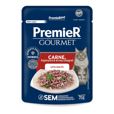 Ração Úmida Premier Gourmet ParaGatos Adultos Carne, Espinafre e Arroz Integral 70g