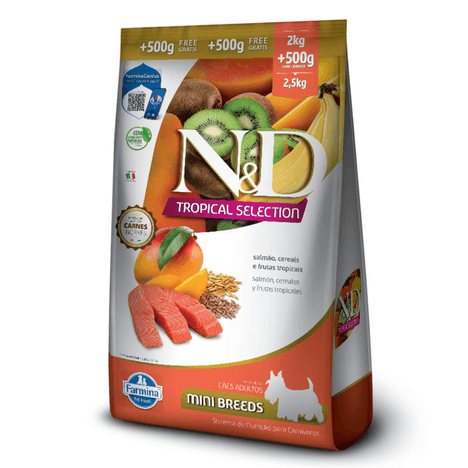 Ração Farmina N&D Tropical Selection Sabor Salmão, Cereais e Frutas Tropicais para Cães Adultos de Porte Mini e Pequeno 2 kg + 500g Grátis Ração Farmina N&D Tropical Selection Sabor Salmão, Cereais e Frutas Tropicais para Cães Adultos de Porte Mini e Pequeno 2 kg + 500g Grátis