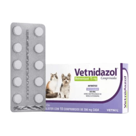 Antibiótico Vetnidazol para Cães e Gatos em Blister com 10 Comprimidos de 75 mg Antibiótico Vetnidazol para Cães e Gatos em Blister com 10 Comprimidos de 75 mg