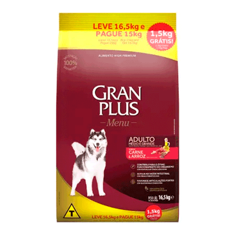 Ração GranPlus Menu para Cães Adultos de Raças Médias a Grandes Sabor Carne e Arroz Leve 16,5kg Pague 15kg