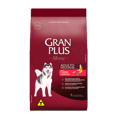 Ração GranPlus Menu para Cães Adultos de Raças Médias a Grandes Sabor Carne e Arroz 15kg