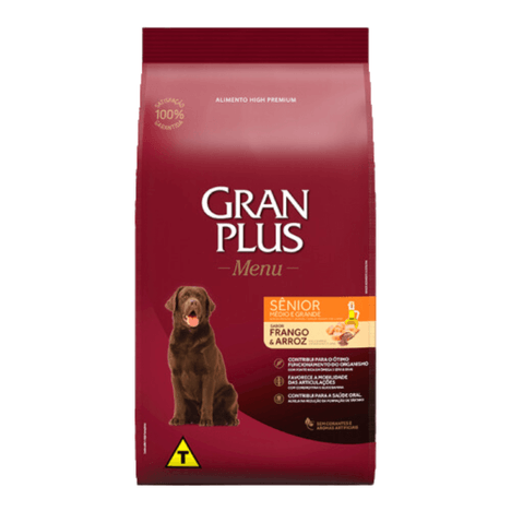 Ração GranPlus Menu para Cães Adultos Sênior de Raças Médias a Grandes Sabor Frango e Arroz 3kg