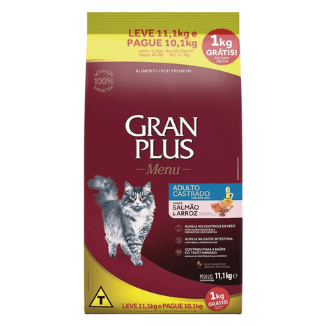 Ração GranPlus Menu para Gatos Adultos Castrados Sabor Salmão e Arroz Leve 11,1kg e Pague 10,1kg