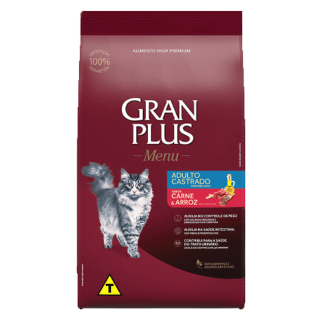 Ração GranPlus Menu para Gatos Adultos Castrados Sabor Carne e Arroz 10,1kg