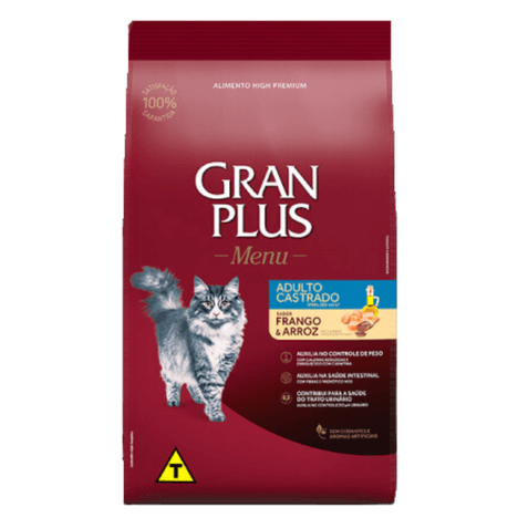 Ração GranPlus Menu Para Gatos Adultos Castrados Sabor Frango e Arroz 10,1 kg Ração GranPlus Menu Para Gatos Adultos Castrados Sabor Frango e Arroz 10,1 kg