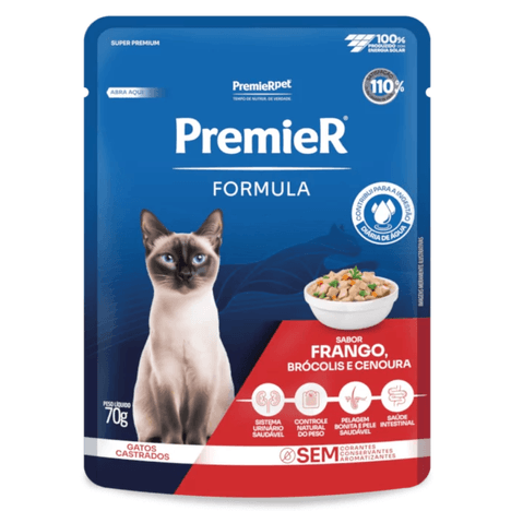Ração Úmida Sachê Premier Fórmula para Gatos Castrados Sabor Frango, Brócolis e Cenoura 70g