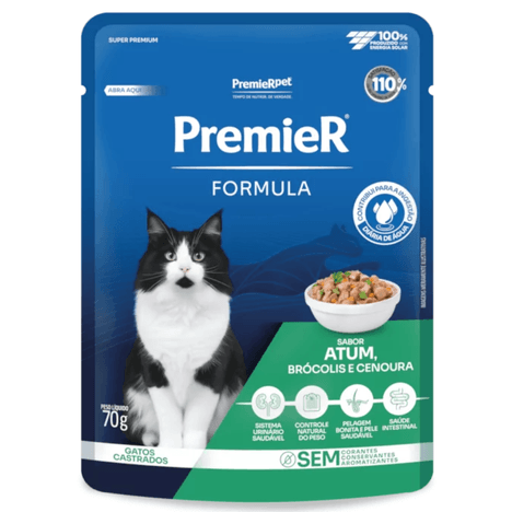 Ração Úmida Sachê Premier Fórmula para Gatos Castrados Sabor Atum, Brócolis e Cenoura 70g Ração Úmida Sachê Premier Fórmula para Gatos Castrados Sabor Atum, Brócolis e Cenoura 70g